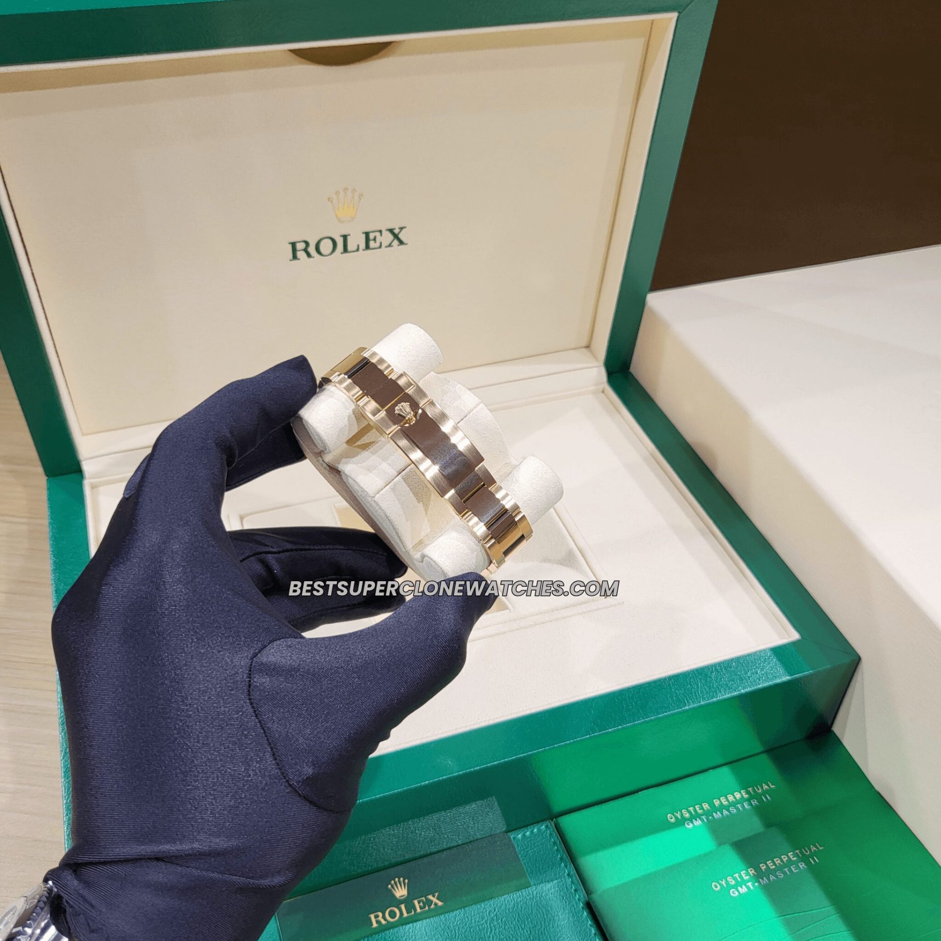 Close-up of Rolex Daytona super clone showing sundust dial and cyclops date magnifier