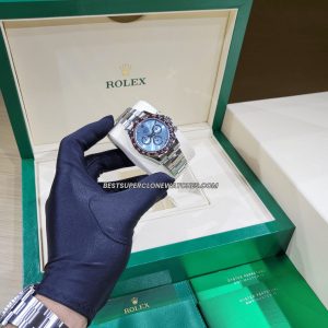 Replica Rolex Daytona featuring 40mm platinum case and diamond-set ice blue dial