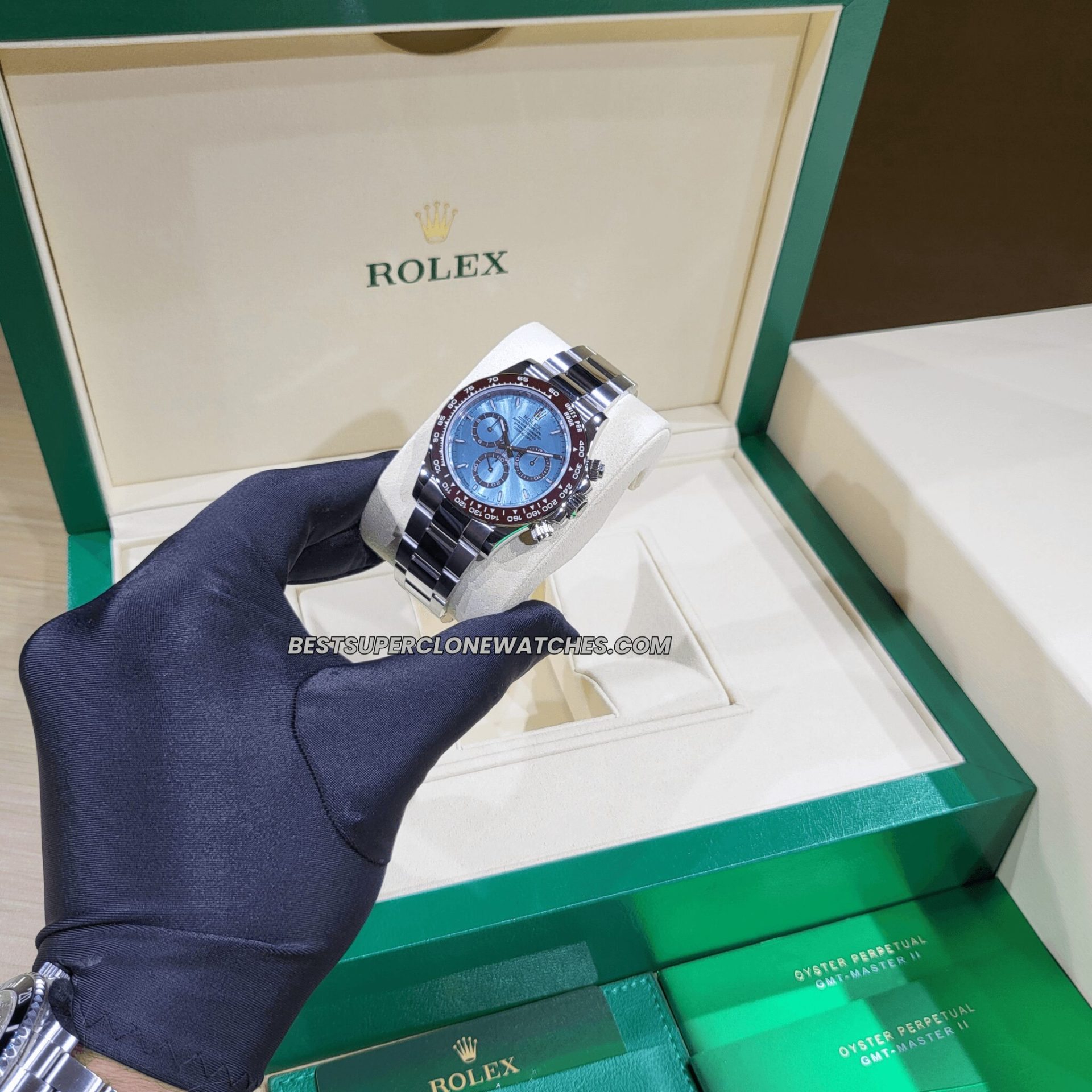 Swiss super clone Rolex Daytona Platinum edition with ice blue dial and chronograph functions