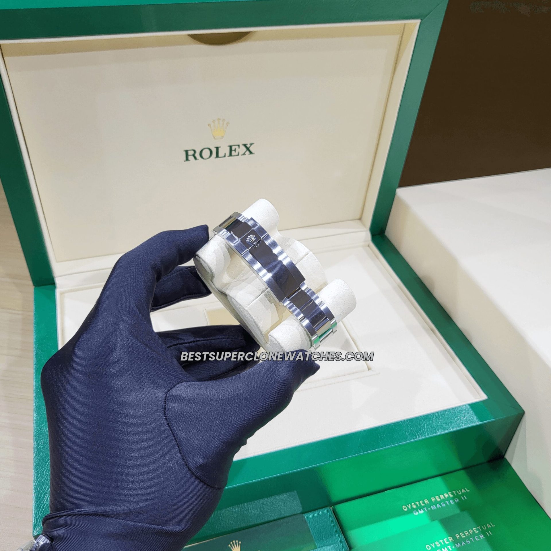 Close-up of Rolex Daytona super clone showing diamond hour markers on ice blue dial