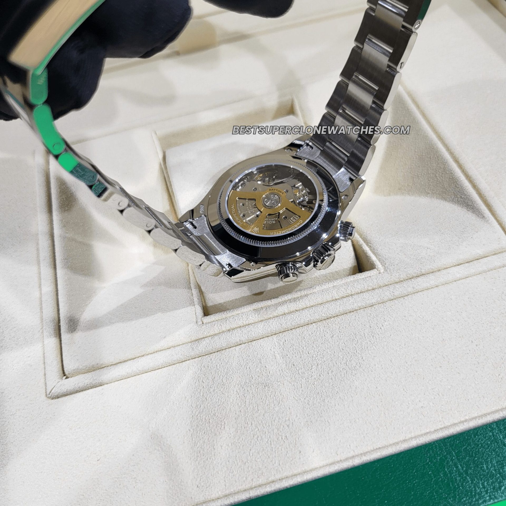 Side view of Swiss clone Rolex Daytona with 40mm platinum case and ice blue dial