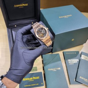 Fake AP Royal Oak watch with rose gold case and intricate openworked movement