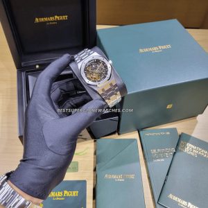 High-quality replica Royal Oak Double Balance Wheel displaying visible gears and steel bezel