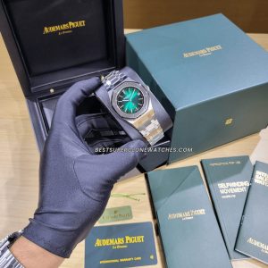 Side view highlighting the ultra-thin profile of the super clone platinum Royal Oak