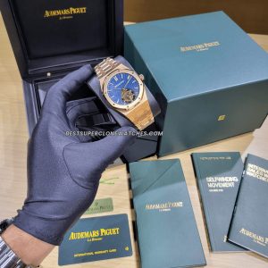 Fake AP Royal Oak Tourbillon watch with blue sunray dial and skeletonized movement