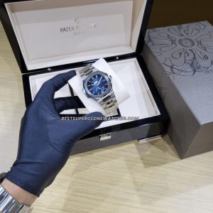 High-quality replica of Patek Philippe 5726/1A with sunburst blue dial and steel bracelet