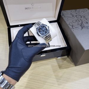 High-quality replica Nautilus showing gradient black-blue dial and stainless steel case