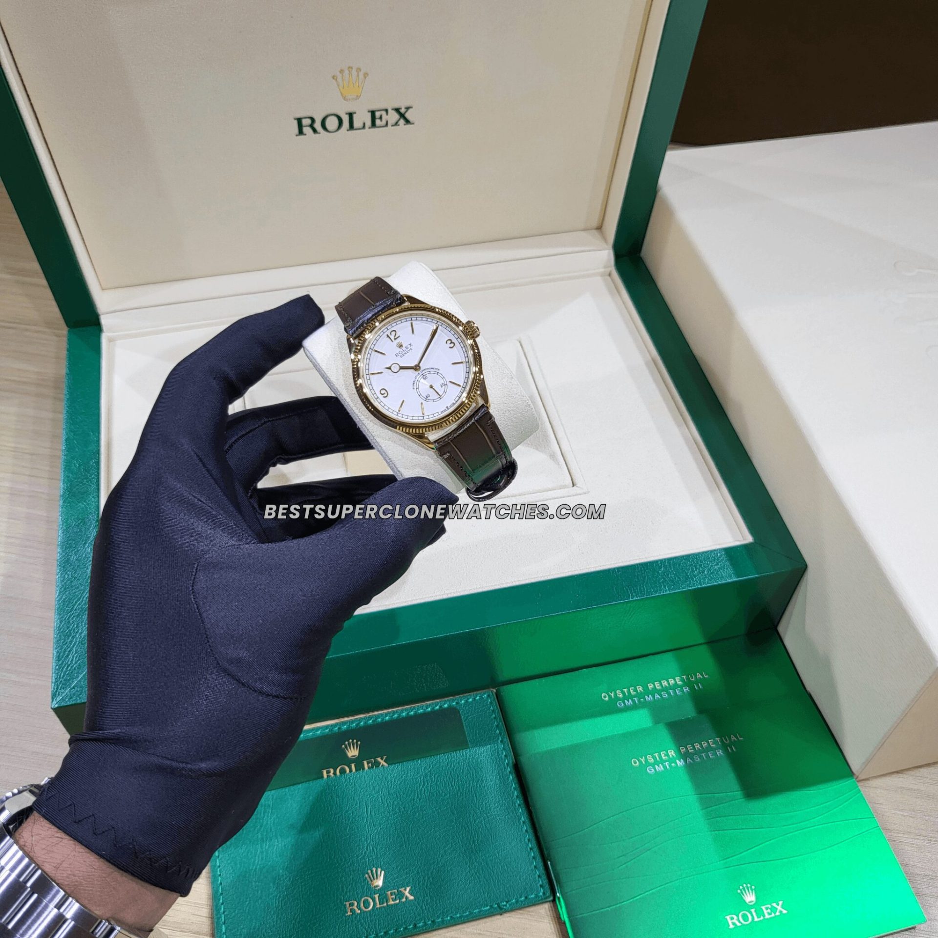 Detail shot of alligator leather strap with fine texture and polished clasp on fake Rolex 1908