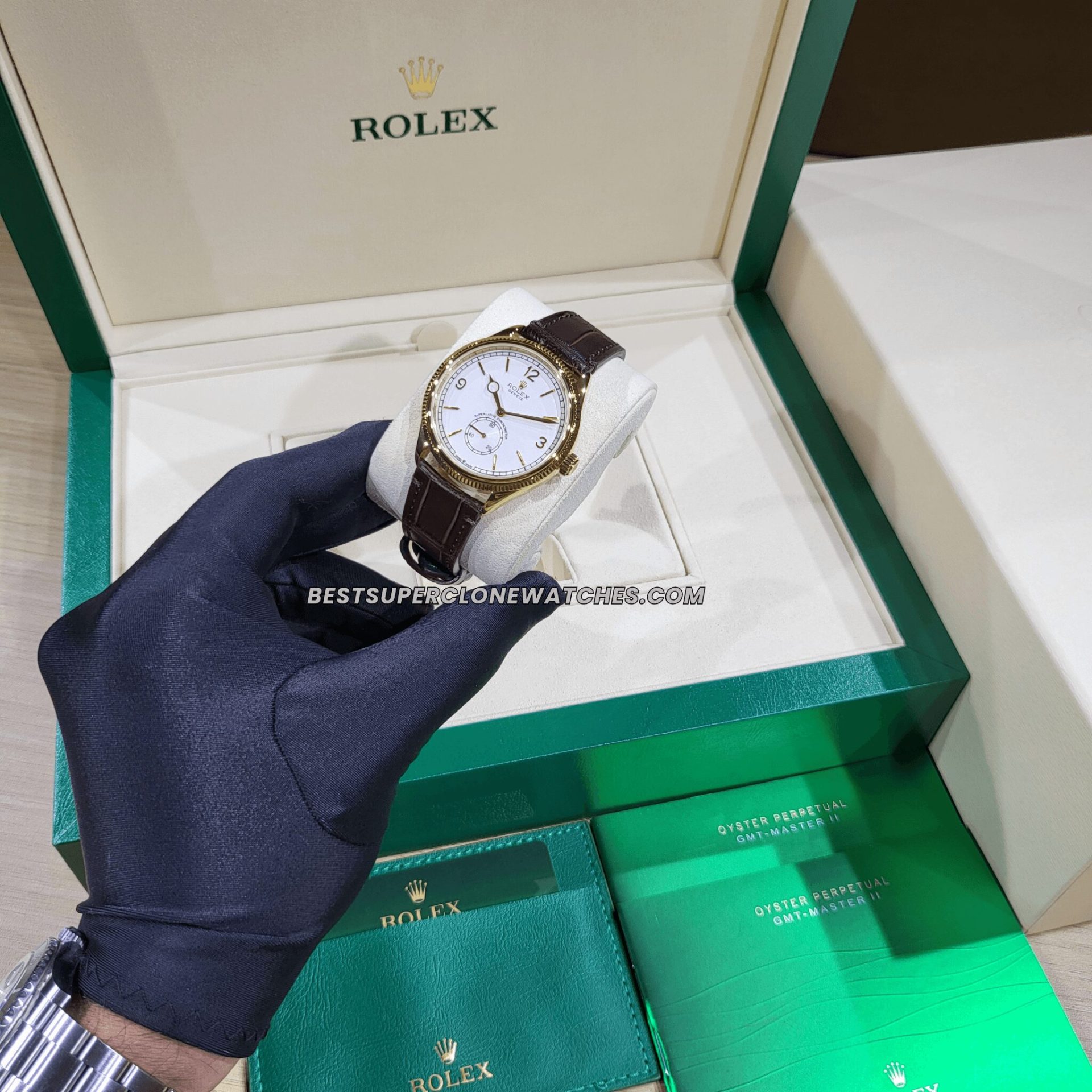 Super clone Rolex 1908 Ref. 52508 with luxurious 18kt yellow gold case, white dial, and alligator leather strap