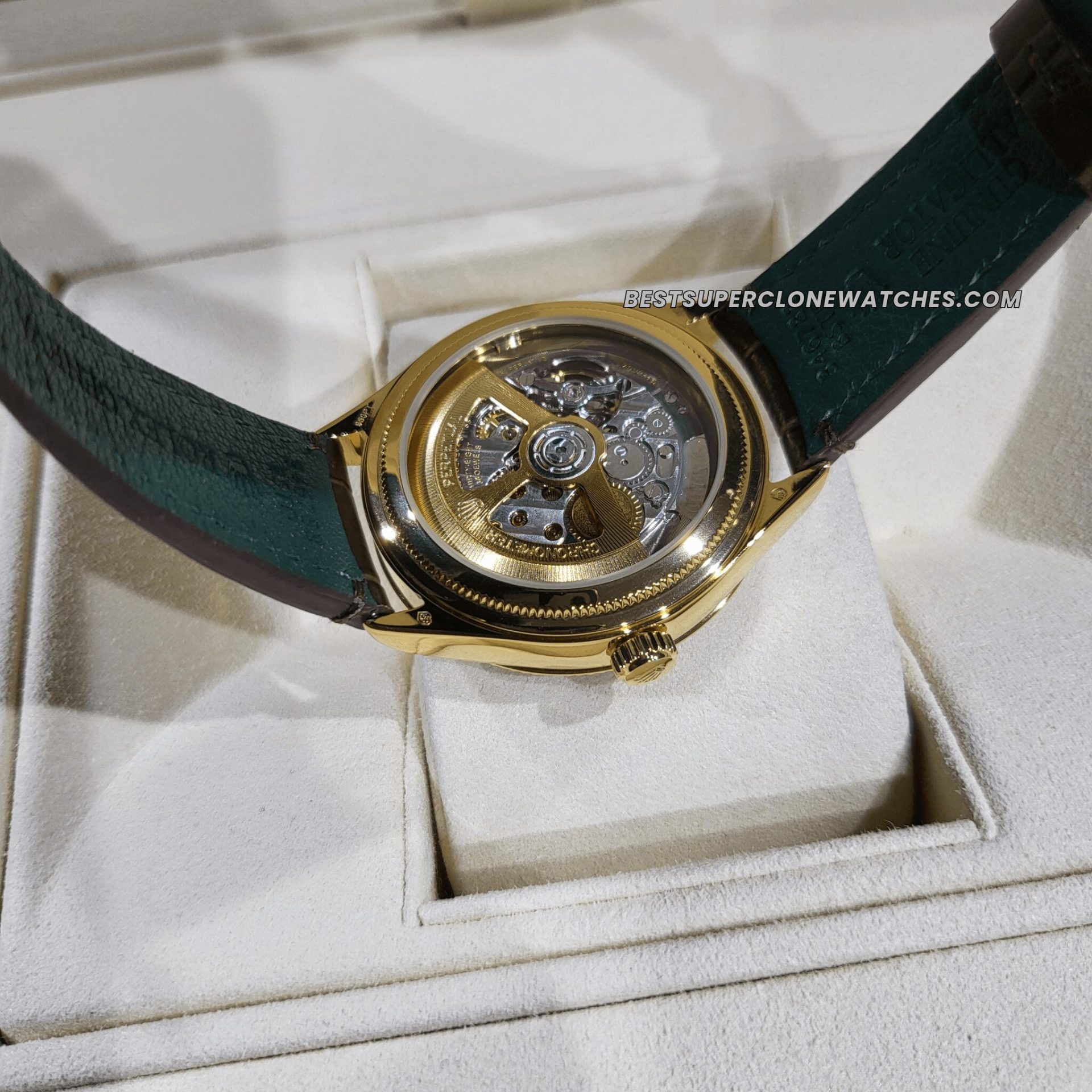 Luxury-style super clone Rolex 1908 with classic black dial, luminous hands, and alligator leather strap