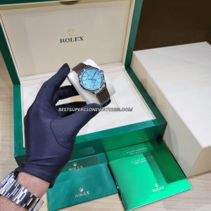 Super clone Rolex 1908 Ref. 52506 with elegant platinum case, ice blue dial, and alligator leather strap