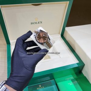 Rolex Datejust 3235 Swiss super clone with chocolate dial, diamonds, Everose gold bezel, and Oystersteel case—luxury replica watch.