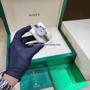 Super clone Rolex Datejust 278381RBR with Everose Gold and Oystersteel, diamonds on white mother-of-pearl dial