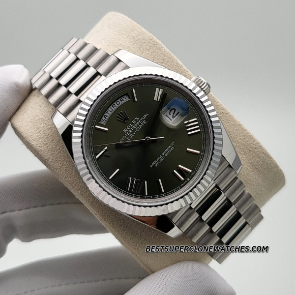 Rolex Day-Date Oyster Platinum Olive Green Dial 3255 Swiss Super Clone Watch Ref-228236 - Image 3