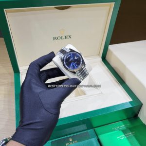 Close-up of Rolex Day-Date super clone with white gold case and blue roman numeral dial