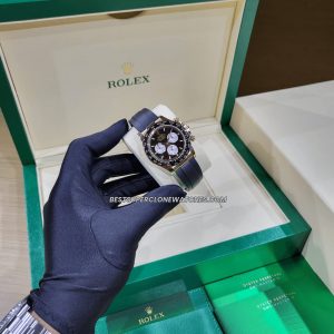 Luxury fake Rolex Daytona with oysterflex strap and chronograph functions on bright black dial