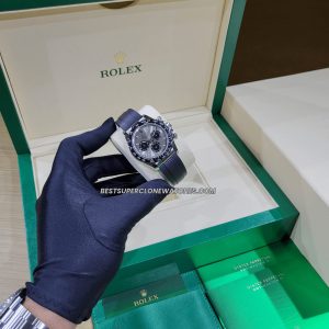 Close-up of Rolex Daytona super clone with steel dial and white gold case