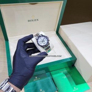 Close-up of Rolex Daytona super clone with white dial and cyclops date magnifier
