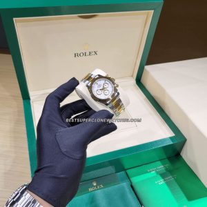 Swiss super clone Rolex Daytona Yellow Rolesor edition with white dial and stainless steel accents