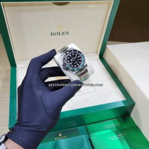 Close-up of Rolex GMT Master II super clone with left-hand crown and dual time zone bezel