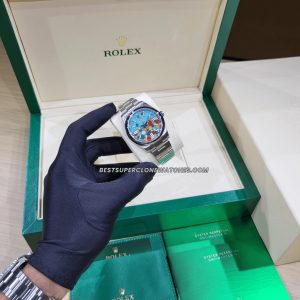 Fake Rolex Oyster Perpetual watch with stunning turquoise blue dial, celebration motif design, and 3230 movement imitation