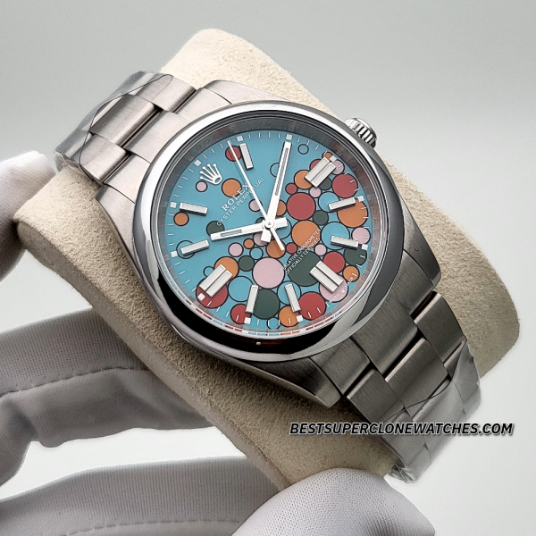 Rolex Oyster Perpetual Turquoise Blue Celebration Motif Dial 3230 Swiss Super Clone Watch Ref-124300 - Image 3