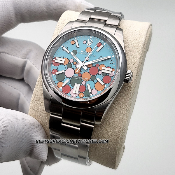 Rolex Oyster Perpetual Turquoise Blue Celebration Motif Dial 3230 Swiss Super Clone Watch Ref-124300 - Image 2