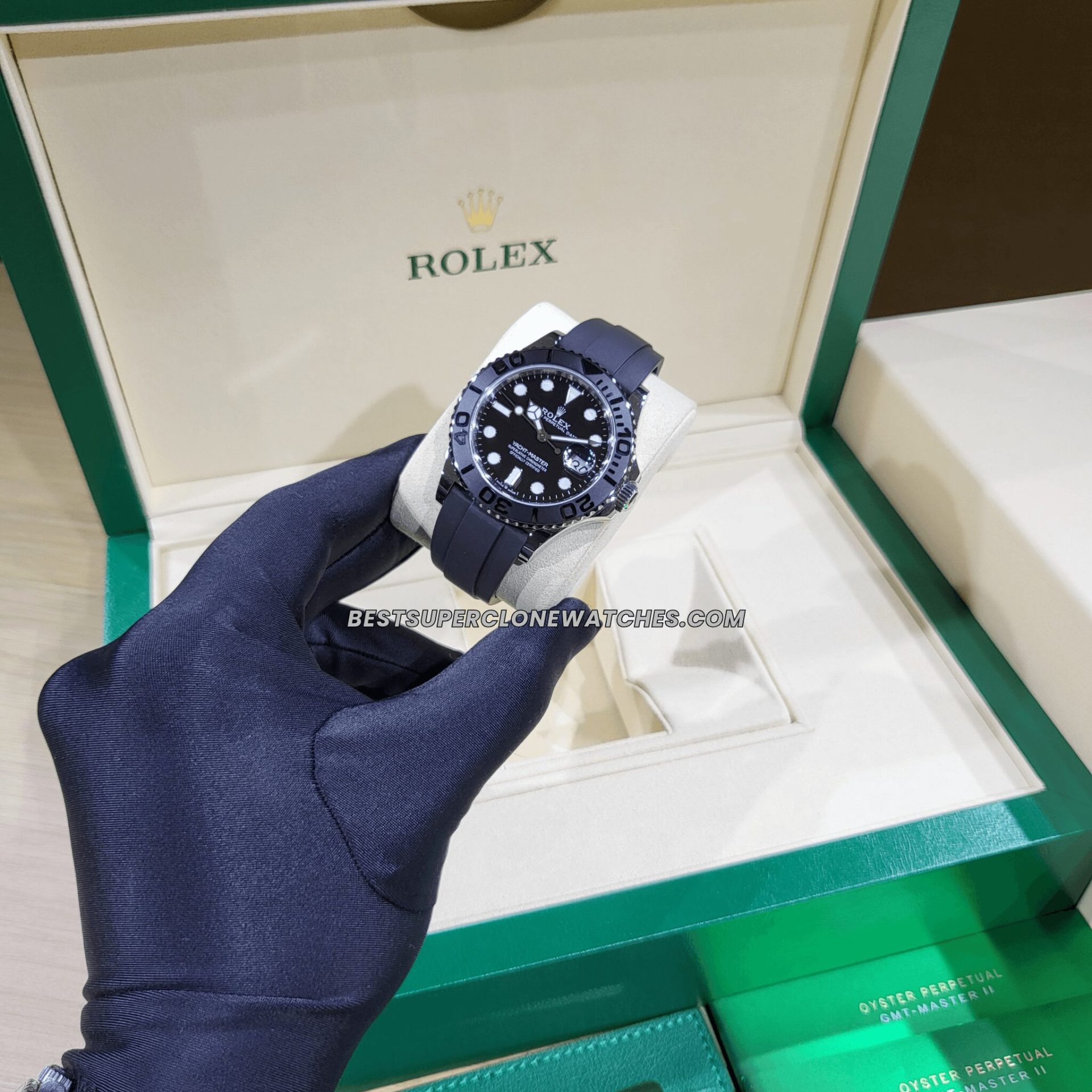 Swiss super clone Rolex Yacht-Master 226659 with white gold case, black bezel, and Oysterflex strap design