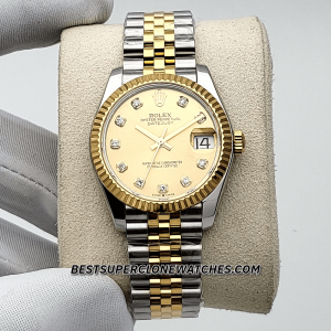 Rolex Datejust Oystersteel and Yellow Gold Diamonds Set Champagne-Colour Dial 31mm 2236 Swiss Super Clone Watch Ref-278273