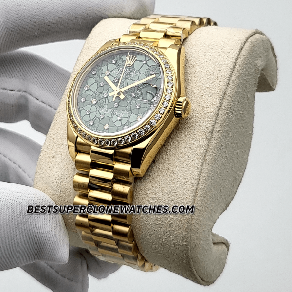 Rolex Datejust Yellow Gold Diamonds Set Floral Motif Olive Green Dial 31mm 2236 Swiss Super Clone Watch Ref-278288RBR - Image 2