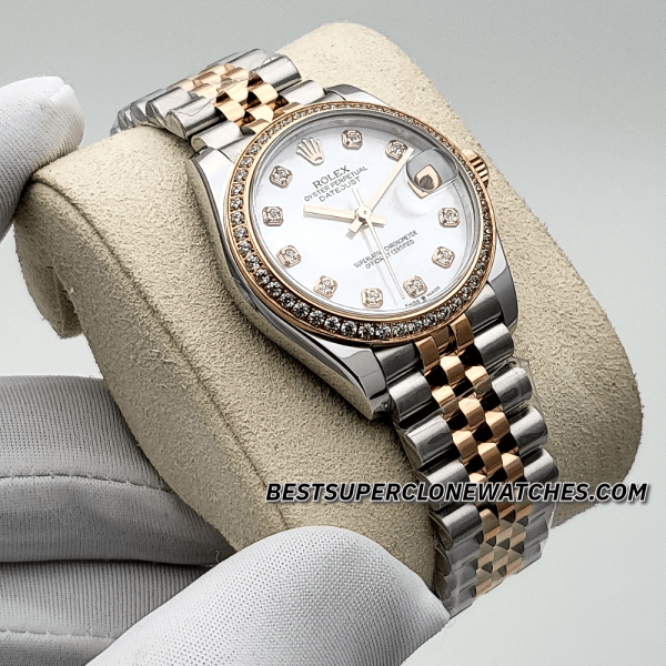 Rolex Datejust Oystersteel and Everose Gold Diamonds Set White Mother-of-Pearl Dial 31mm 2236 Swiss Super Clone Watch Ref-278381RBR - Image 3