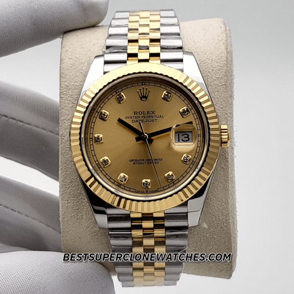 Rolex Datejust Oystersteel and Yellow Gold Champagne-Colour with Diamonds Set Dial 3235 Swiss Super Clone Watch Ref-126333