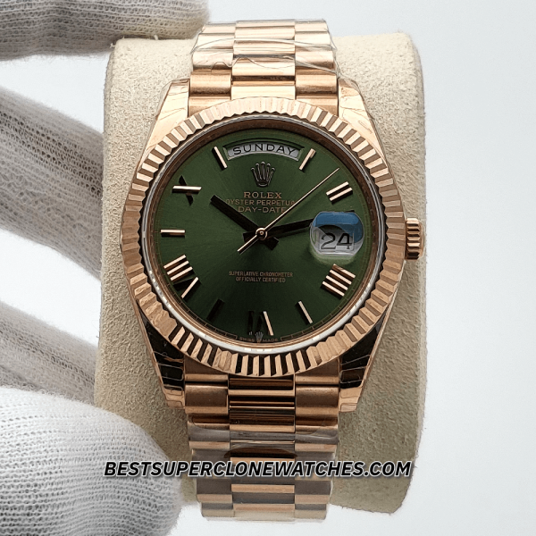 Rolex Day-Date Everose Gold Olive Green Dial 3255 Swiss Super Clone Watch Ref-228235