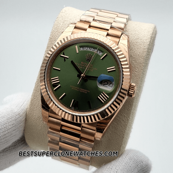 Rolex Day-Date Everose Gold Olive Green Dial 3255 Swiss Super Clone Watch Ref-228235 - Image 2