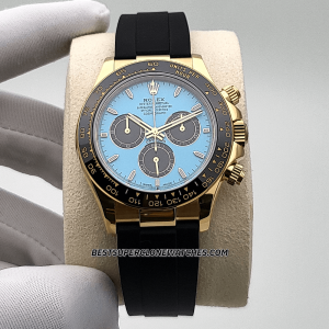 Rolex Cosmograph Daytona 18kt Yellow Gold Oysterflex Turquoise Blue and Black Dial 4131 Swiss Super Clone Watch Ref-126518LN