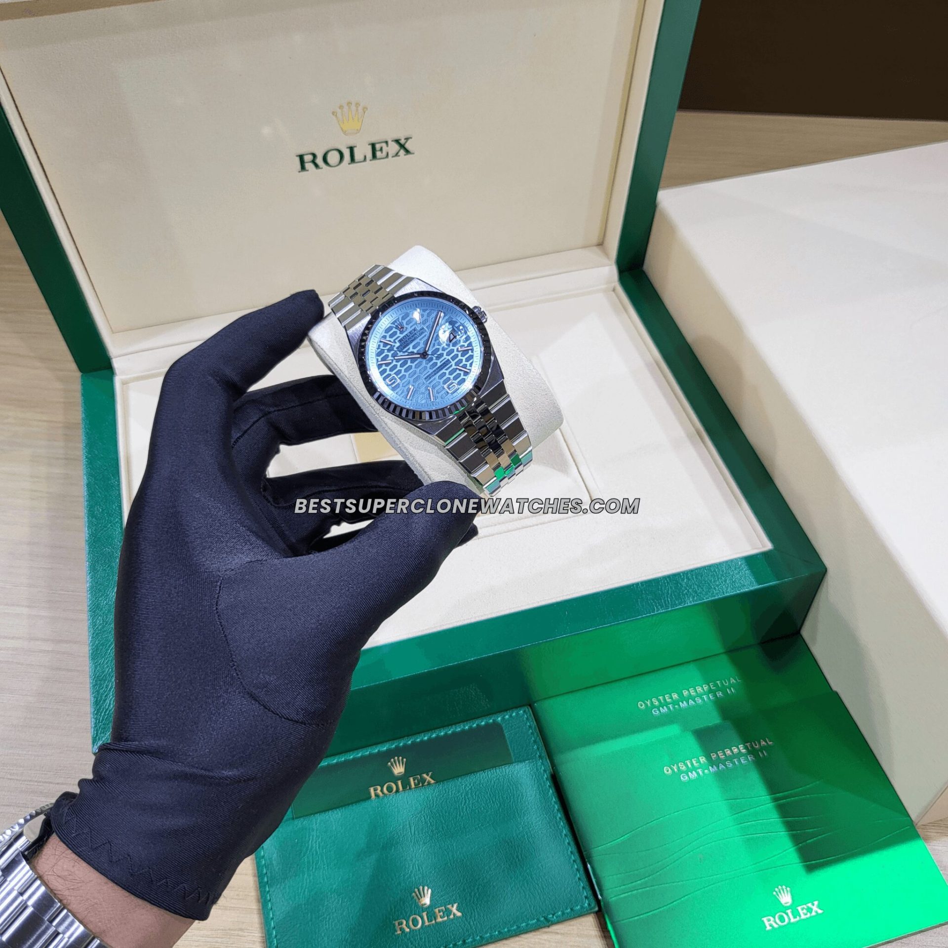 Rolex Land-Dweller 40mm Platinum Ice Blue Honeycomb Motif Dial 7135 Swiss Super Clone Watch Ref-127336