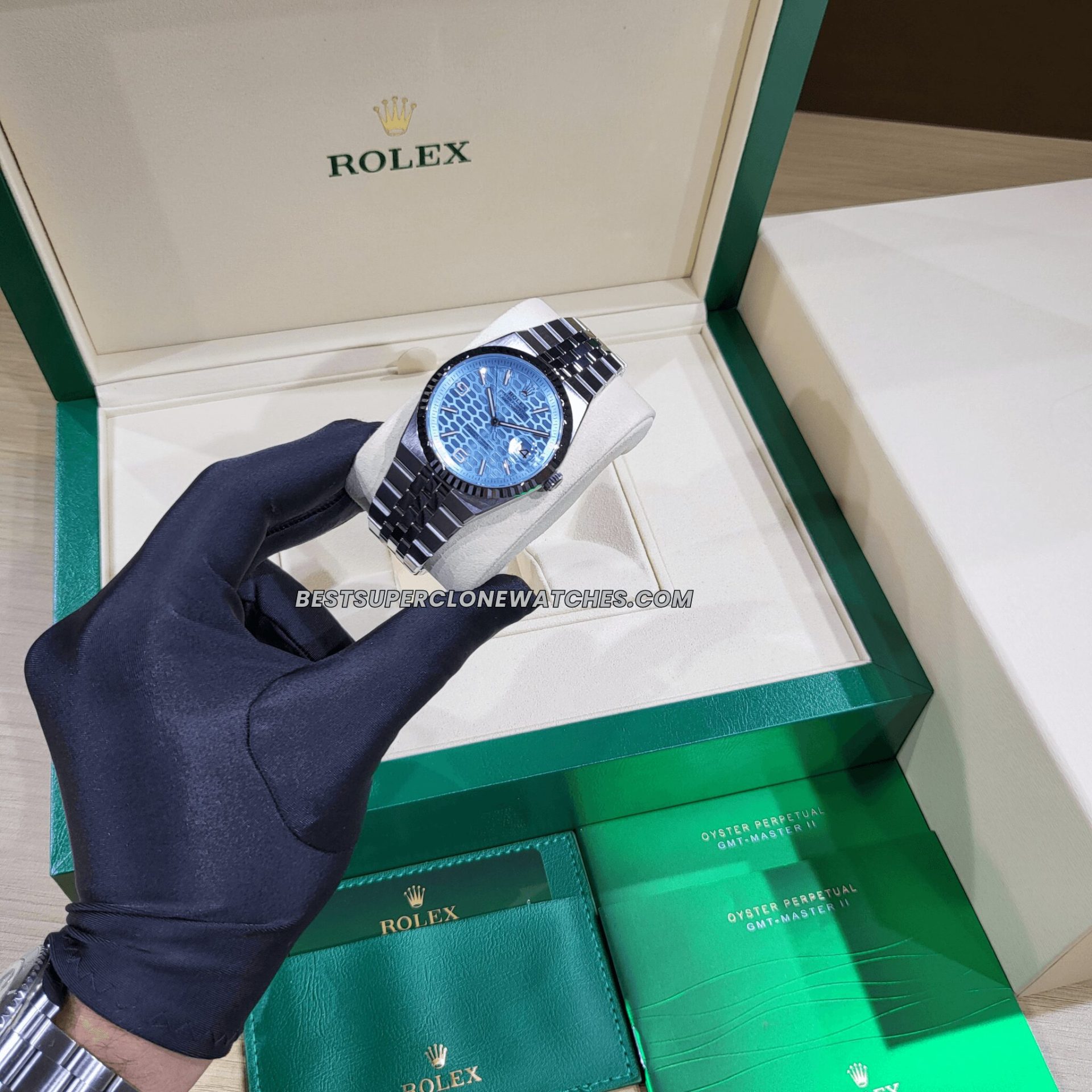 Rolex Land-Dweller 40mm Platinum Ice Blue Honeycomb Motif Dial 7135 Swiss Super Clone Watch
