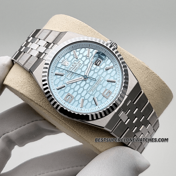 Rolex Land-Dweller 40mm Platinum Ice Blue Honeycomb Motif Dial 7135 Swiss Super Clone Watch Ref-127336 - Image 3
