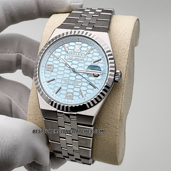Rolex Land-Dweller 40mm Platinum Ice Blue Honeycomb Motif Dial 7135 Swiss Super Clone Watch Ref-127336 - Image 2