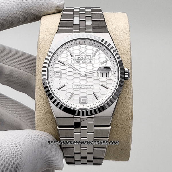 Rolex Land-Dweller Oystersteel and White Gold Intense White Honeycomb Motif Dial 7135 Swiss Super Clone Watch Ref-127334